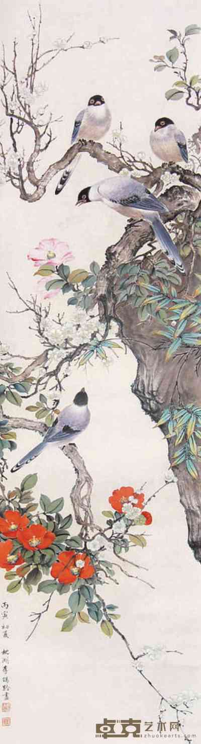 李瑞龄 花卉小鸟 立轴 147×40cm